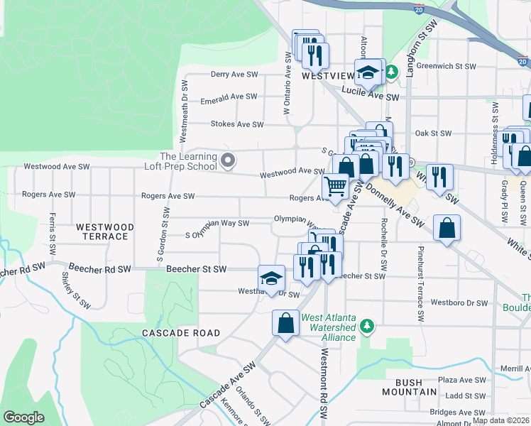 map of restaurants, bars, coffee shops, grocery stores, and more near 1629 Olympian Way Southwest in Atlanta