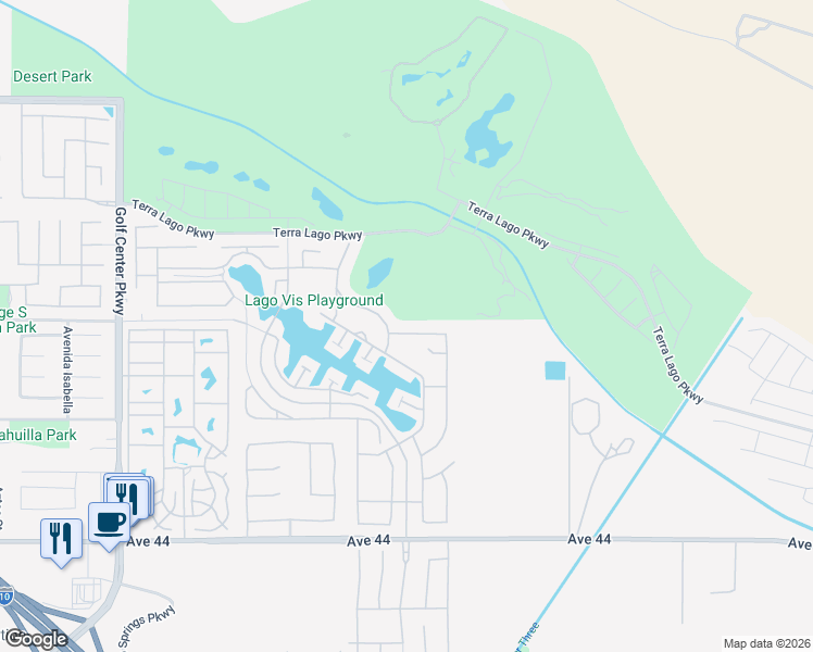 map of restaurants, bars, coffee shops, grocery stores, and more near 84644 Pavone Way in Indio
