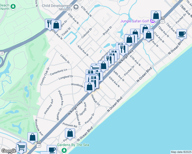 map of restaurants, bars, coffee shops, grocery stores, and more near 6103 North Kings Highway in Myrtle Beach