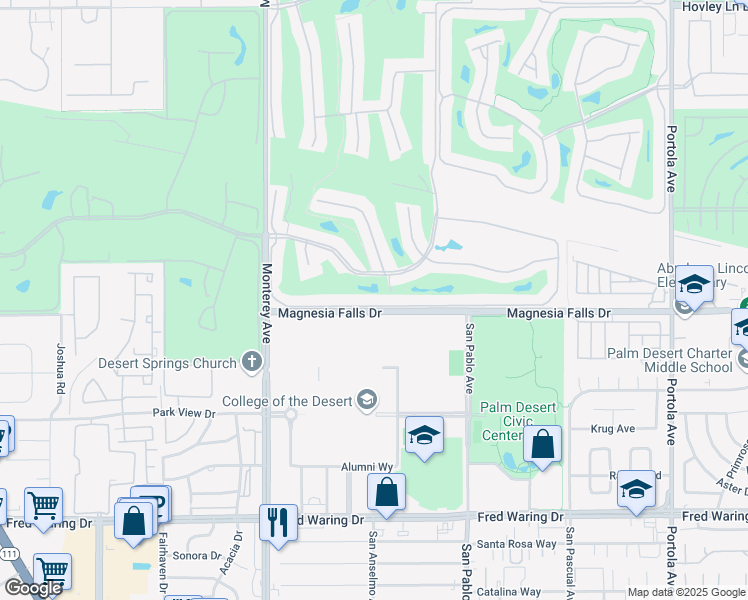 map of restaurants, bars, coffee shops, grocery stores, and more near 196 Castellana South in Palm Desert