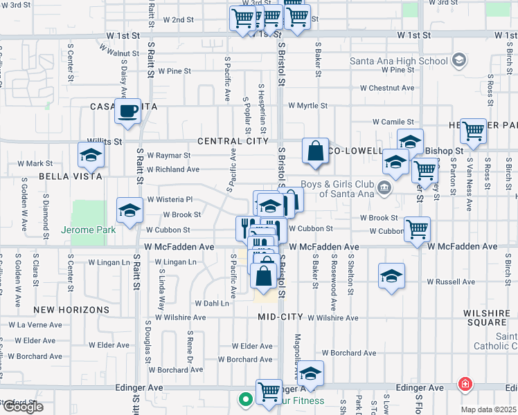 map of restaurants, bars, coffee shops, grocery stores, and more near 814 South Hesperian Street in Santa Ana