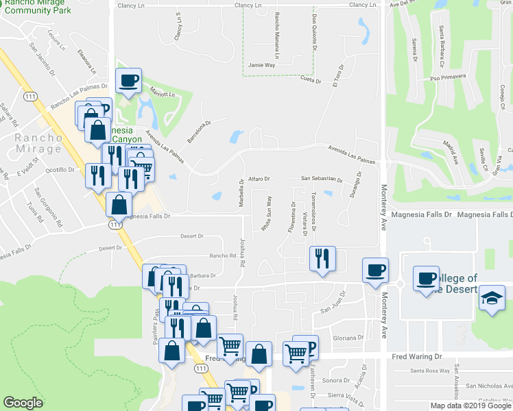 map of restaurants, bars, coffee shops, grocery stores, and more near 35 White Sun Way in Rancho Mirage