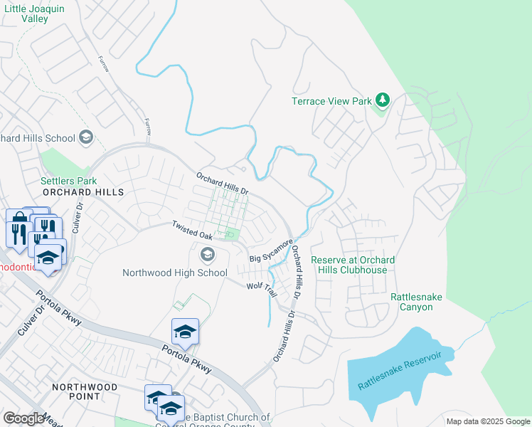 map of restaurants, bars, coffee shops, grocery stores, and more near 292 Crescent Moon in Irvine