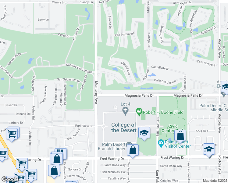 map of restaurants, bars, coffee shops, grocery stores, and more near 164 Castellana South in Palm Desert