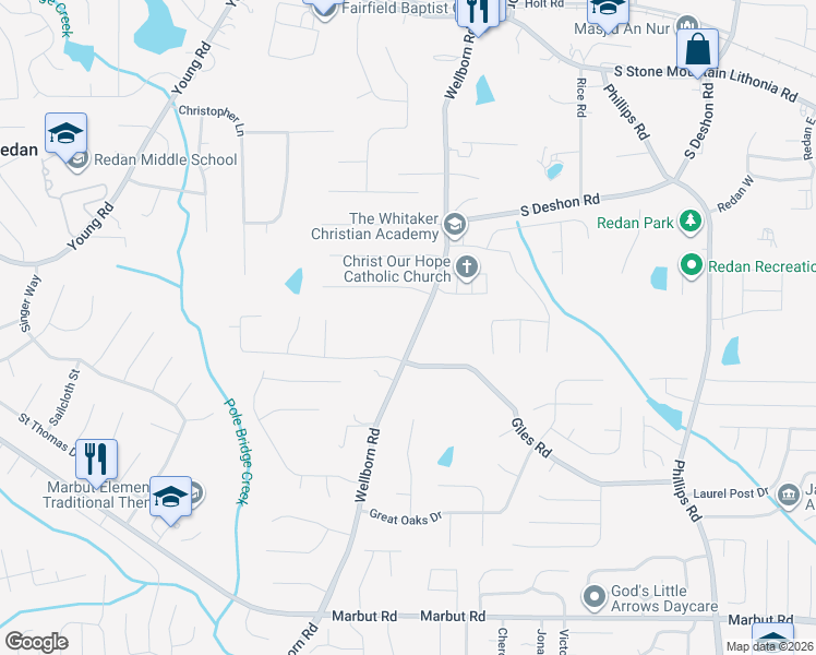 map of restaurants, bars, coffee shops, grocery stores, and more near 1851 Wellborn Road in Lithonia