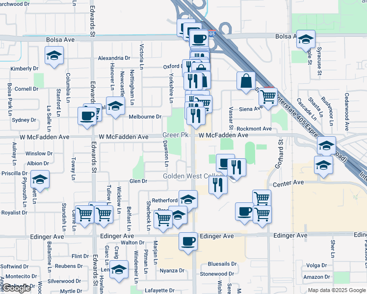 map of restaurants, bars, coffee shops, grocery stores, and more near 15551 Sunburst Lane in Huntington Beach
