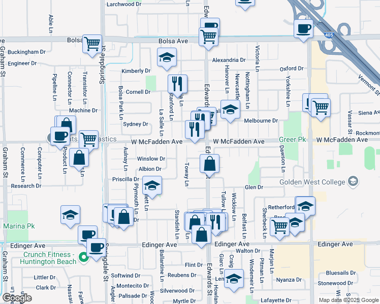 map of restaurants, bars, coffee shops, grocery stores, and more near 15542 Toway Ln in Huntington Beach