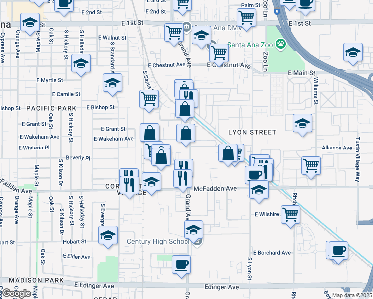 map of restaurants, bars, coffee shops, grocery stores, and more near 830 South Grand Avenue in Santa Ana