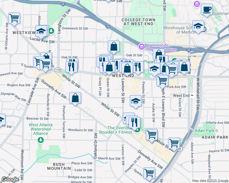 map of restaurants, bars, coffee shops, grocery stores, and more near 1124 Lawton Place Southwest in Atlanta