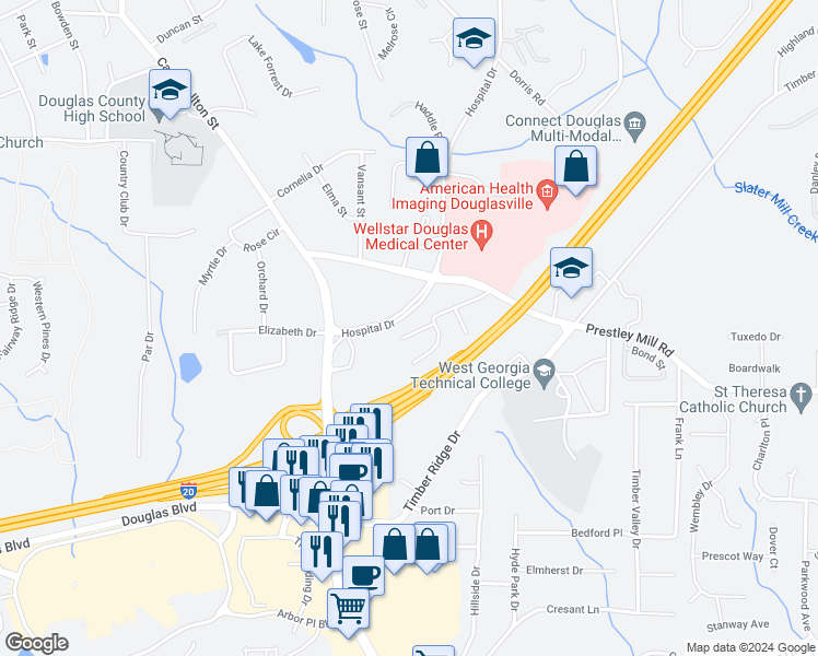 map of restaurants, bars, coffee shops, grocery stores, and more near 6180 Field Stone Drive in Douglasville