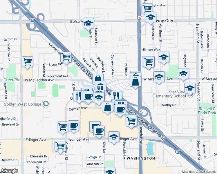 map of restaurants, bars, coffee shops, grocery stores, and more near 15621 Beach Boulevard in Westminster