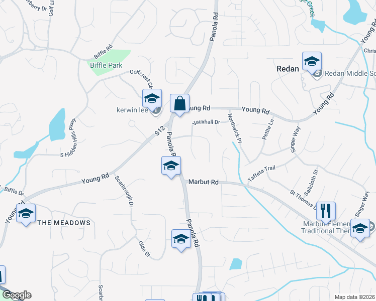 map of restaurants, bars, coffee shops, grocery stores, and more near 1849 Vauxhall Drive in Lithonia