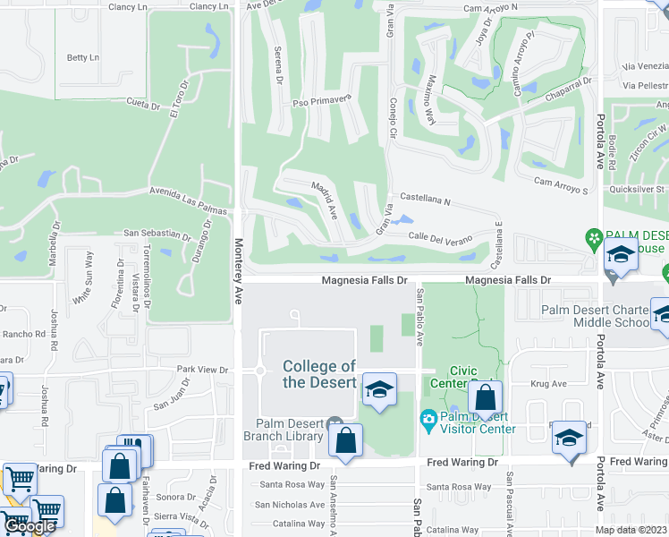 map of restaurants, bars, coffee shops, grocery stores, and more near 196 Castellana South in Palm Desert