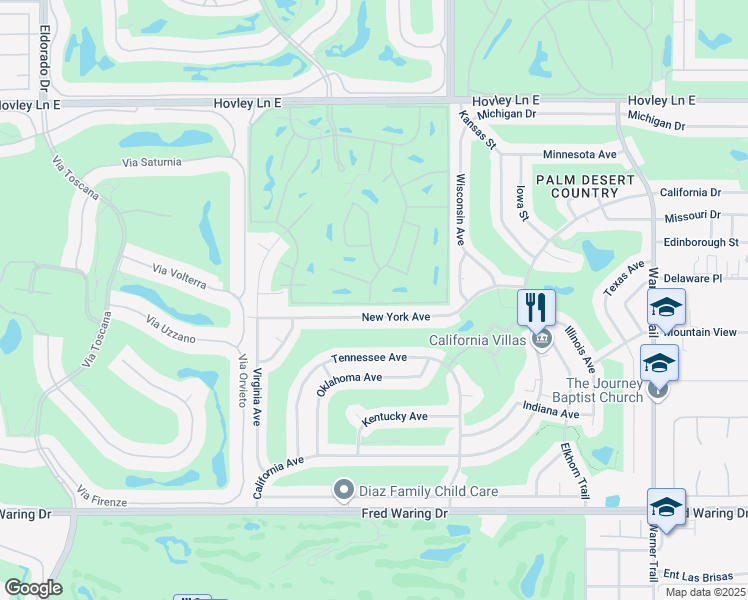 map of restaurants, bars, coffee shops, grocery stores, and more near 76812 Kybar Road in Palm Desert