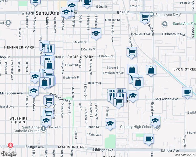 map of restaurants, bars, coffee shops, grocery stores, and more near 925 South Halladay Street in Santa Ana