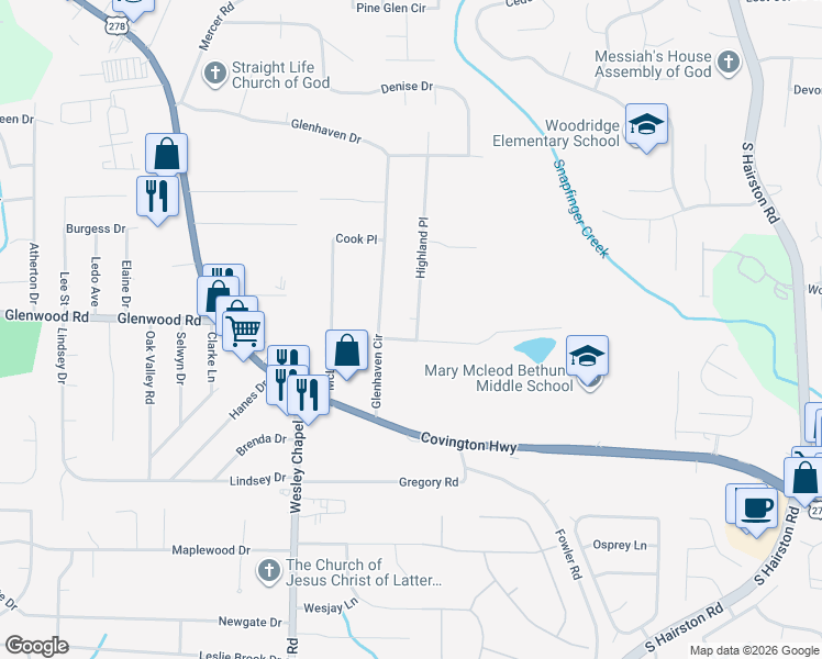 map of restaurants, bars, coffee shops, grocery stores, and more near 4392 Highland Road in Decatur