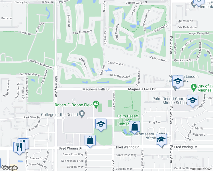 map of restaurants, bars, coffee shops, grocery stores, and more near 248 Castellana North in Palm Desert