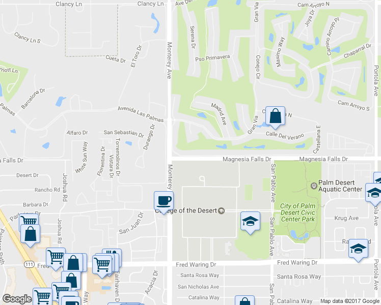 map of restaurants, bars, coffee shops, grocery stores, and more near 150 Castellana South in Palm Desert