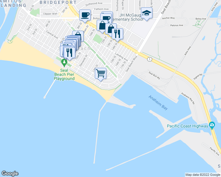 map of restaurants, bars, coffee shops, grocery stores, and more near 1603 East Seal Way in Seal Beach