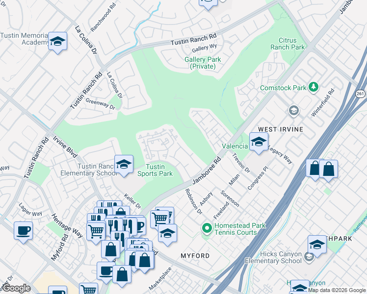 map of restaurants, bars, coffee shops, grocery stores, and more near 12612 Nicklaus Lane in Tustin