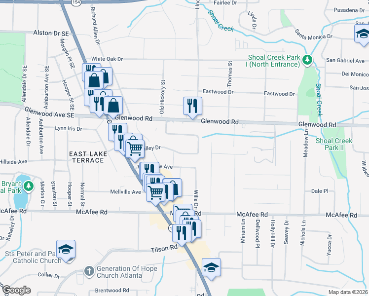 map of restaurants, bars, coffee shops, grocery stores, and more near 2638 Glenvalley Drive in Decatur