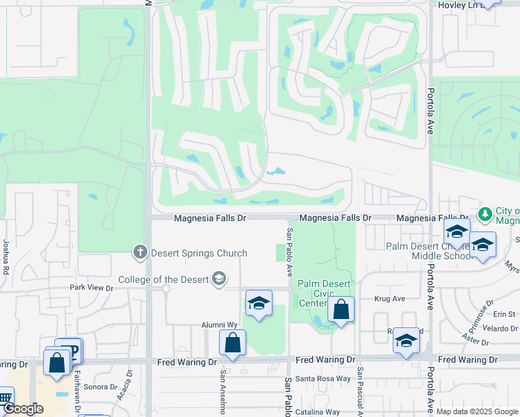 map of restaurants, bars, coffee shops, grocery stores, and more near 222 Castellana South in Palm Desert