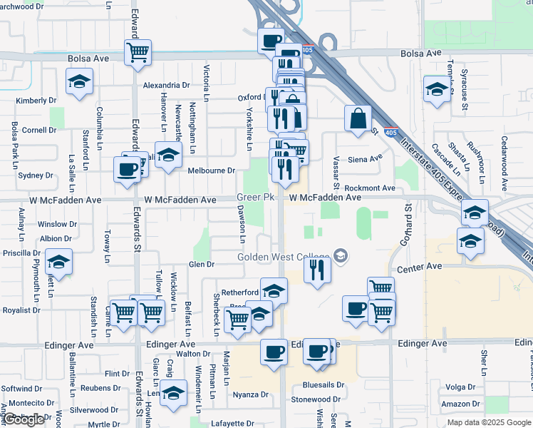 map of restaurants, bars, coffee shops, grocery stores, and more near 15551 Sunburst Lane in Huntington Beach
