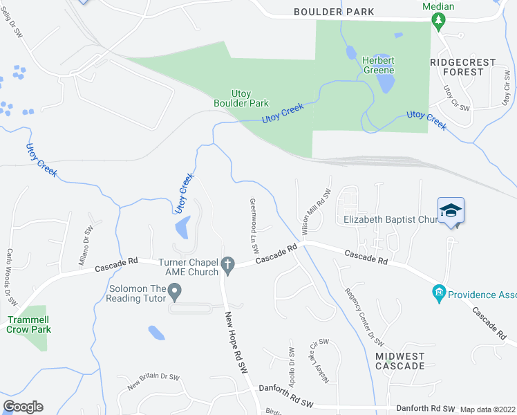 map of restaurants, bars, coffee shops, grocery stores, and more near 680 Greenwood Lane Southwest in Atlanta
