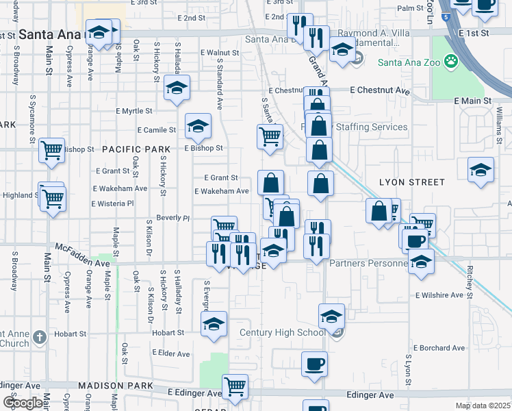 map of restaurants, bars, coffee shops, grocery stores, and more near 927 South Minnie Street in Santa Ana