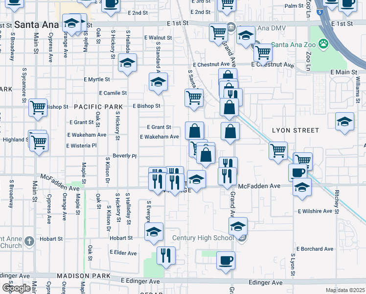 map of restaurants, bars, coffee shops, grocery stores, and more near 923 South Minnie Street in Santa Ana