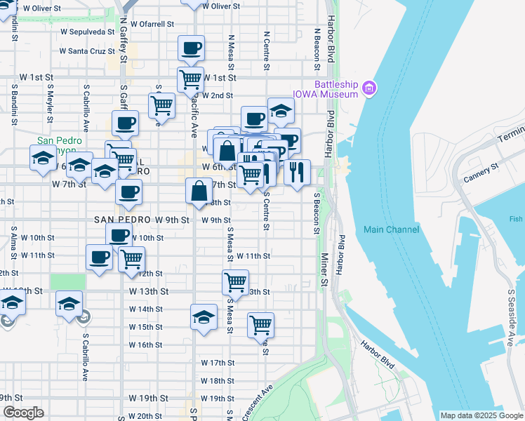 map of restaurants, bars, coffee shops, grocery stores, and more near 817 South Centre Street in Los Angeles
