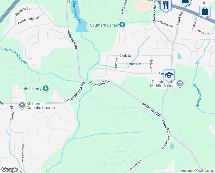 map of restaurants, bars, coffee shops, grocery stores, and more near 5208 Prestley Crossing Lane in Douglasville