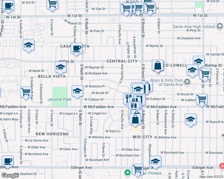 map of restaurants, bars, coffee shops, grocery stores, and more near 1602 Forrest Circle in Santa Ana