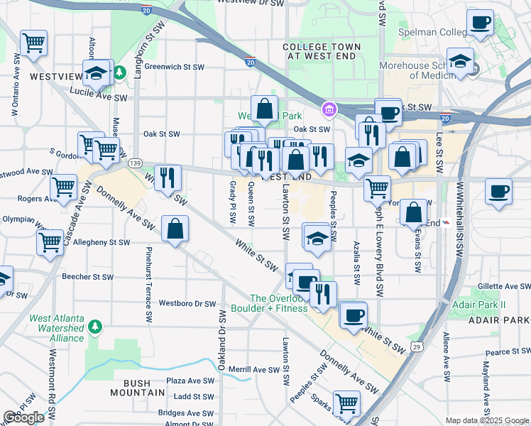 map of restaurants, bars, coffee shops, grocery stores, and more near 1118 Lawton Place Southwest in Atlanta