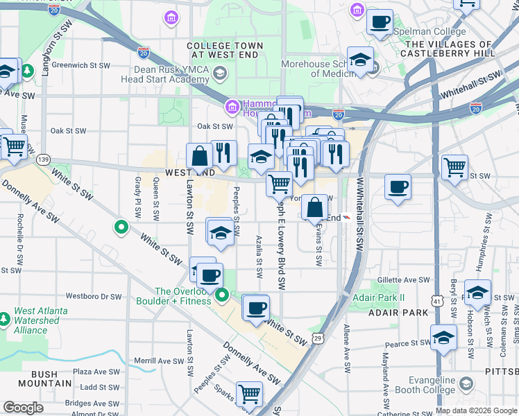 map of restaurants, bars, coffee shops, grocery stores, and more near 678 Gordon Place Southwest in Atlanta