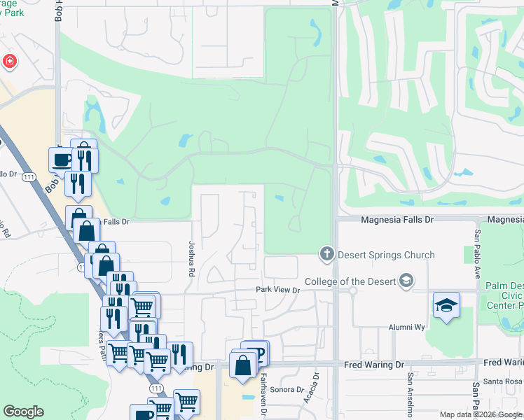 map of restaurants, bars, coffee shops, grocery stores, and more near 40 Vistara Drive in Rancho Mirage