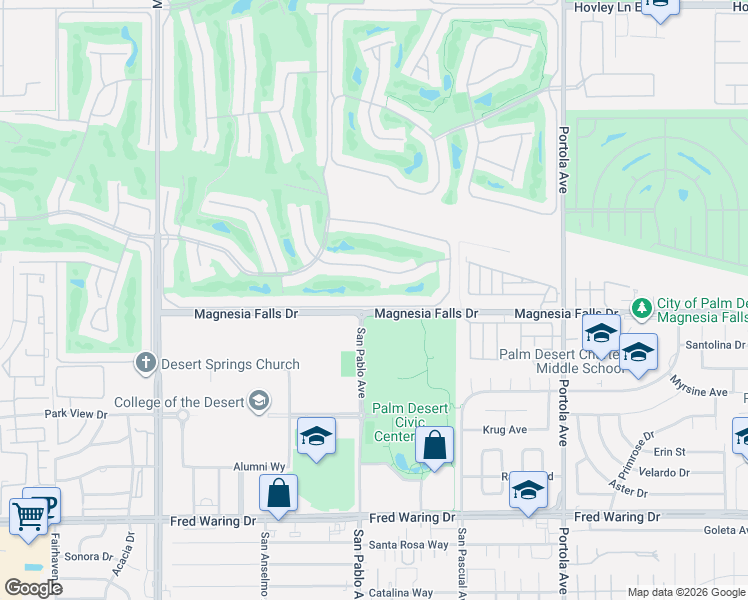 map of restaurants, bars, coffee shops, grocery stores, and more near 276 Castellana South in Palm Desert