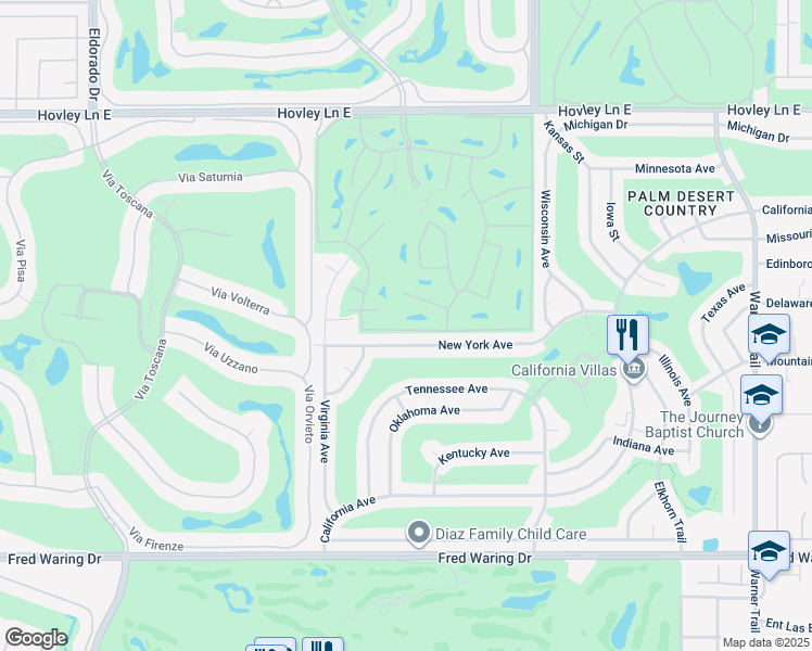 map of restaurants, bars, coffee shops, grocery stores, and more near 76724 Kybar Road in Palm Desert