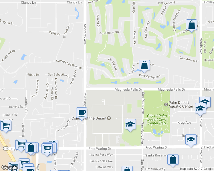 map of restaurants, bars, coffee shops, grocery stores, and more near 178 Castellana South in Palm Desert
