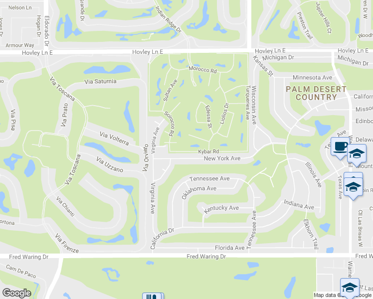 map of restaurants, bars, coffee shops, grocery stores, and more near 76708 Kybar Road in Palm Desert