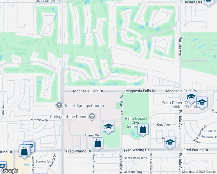 map of restaurants, bars, coffee shops, grocery stores, and more near 222 Castellana South in Palm Desert