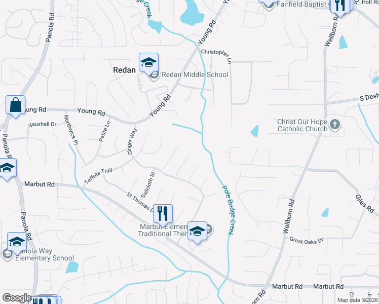 map of restaurants, bars, coffee shops, grocery stores, and more near 1826 Cashmere Court in Lithonia