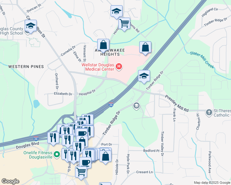 map of restaurants, bars, coffee shops, grocery stores, and more near 6097 Cobblestone Court in Douglasville