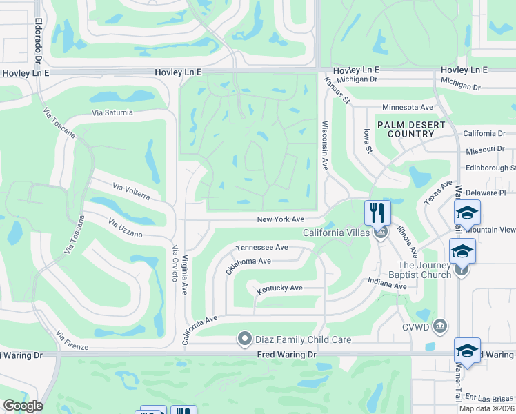 map of restaurants, bars, coffee shops, grocery stores, and more near 76804 Kybar Road in Palm Desert