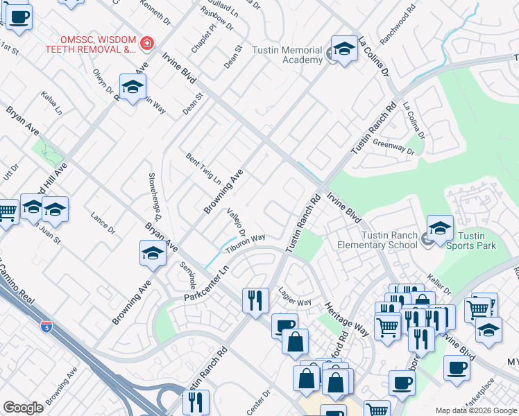 map of restaurants, bars, coffee shops, grocery stores, and more near 13201 Contessa in Tustin