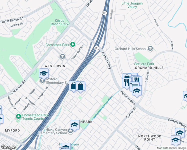 map of restaurants, bars, coffee shops, grocery stores, and more near 170 Hayward in Irvine