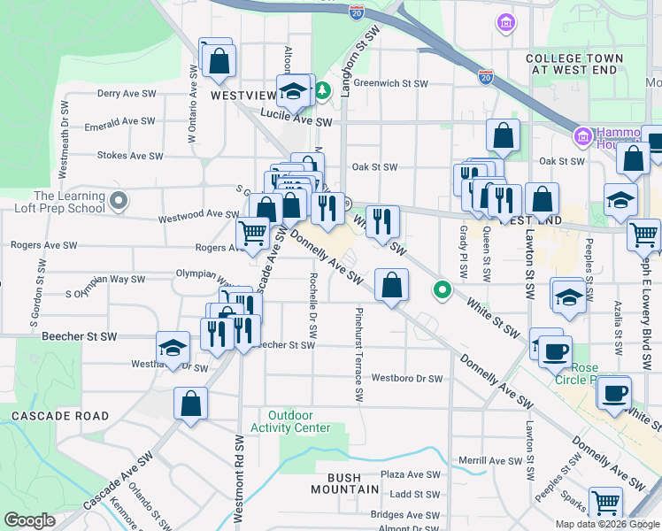 map of restaurants, bars, coffee shops, grocery stores, and more near 1384 Donnelly Avenue Southwest in Atlanta