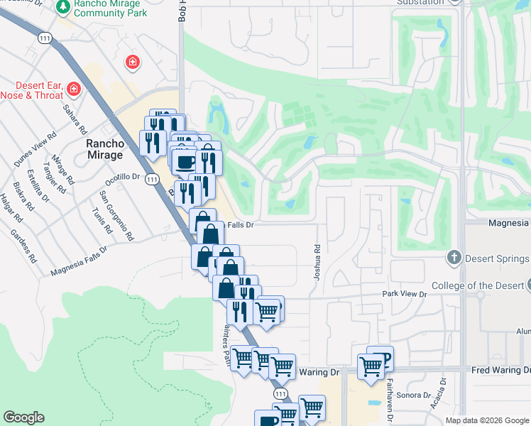 map of restaurants, bars, coffee shops, grocery stores, and more near 32 Calle Encinitas in Rancho Mirage
