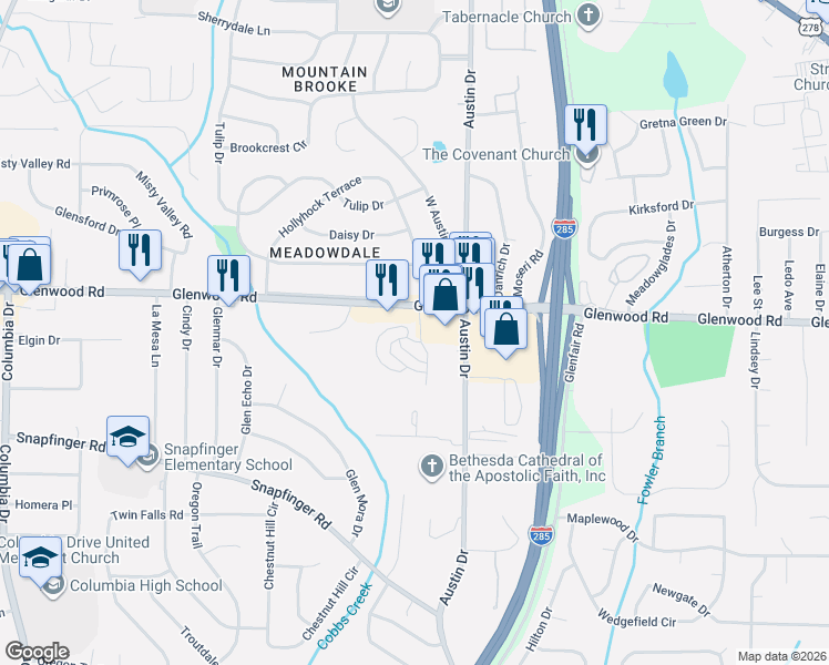 map of restaurants, bars, coffee shops, grocery stores, and more near 4373 Glenwood Road in Decatur
