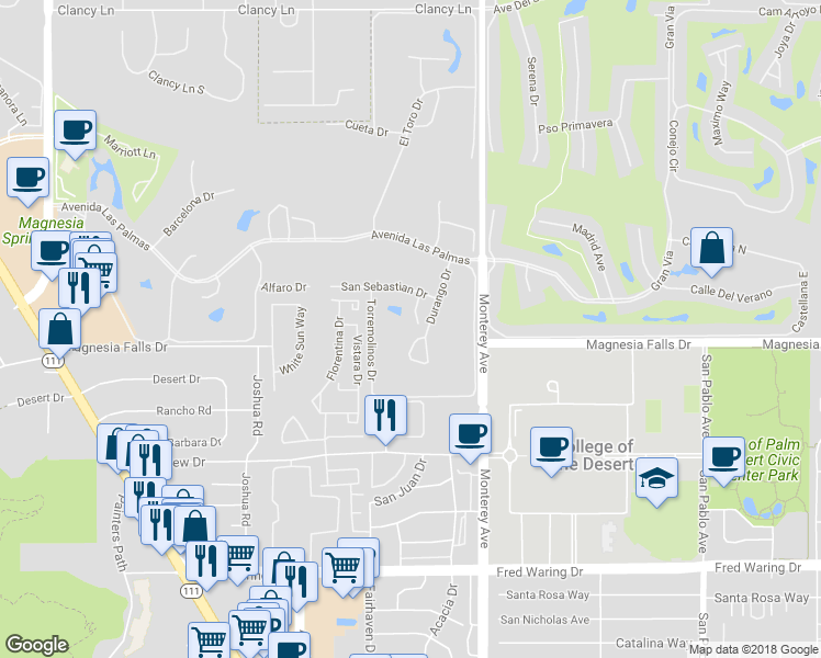 map of restaurants, bars, coffee shops, grocery stores, and more near 25 Ronda Dr in Rancho Mirage